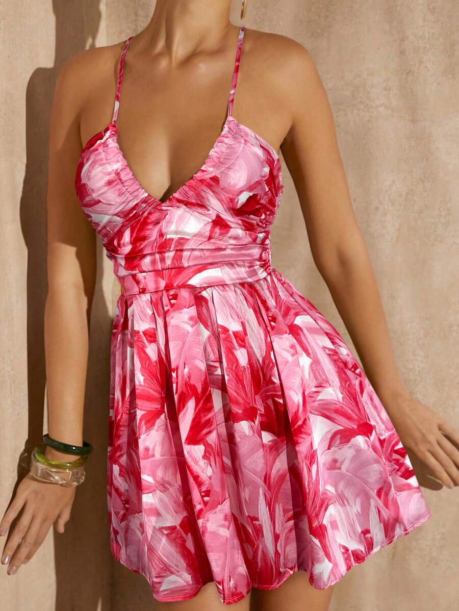 Travachic Tropical Print Lace Up Back Cami Spring Summer Dress - Pink - View 1