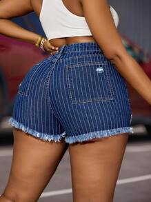 SHEIN SXY Shorts elásticos de tela jacquard a rayas de talla grande de mezclilla