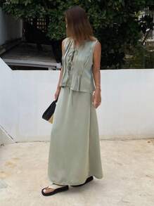 DAZY 2pcs Set Women Wrap Style Open Front Tie Waist Satin Plain Color Vacation Beach Vest & Top - Green - View 4