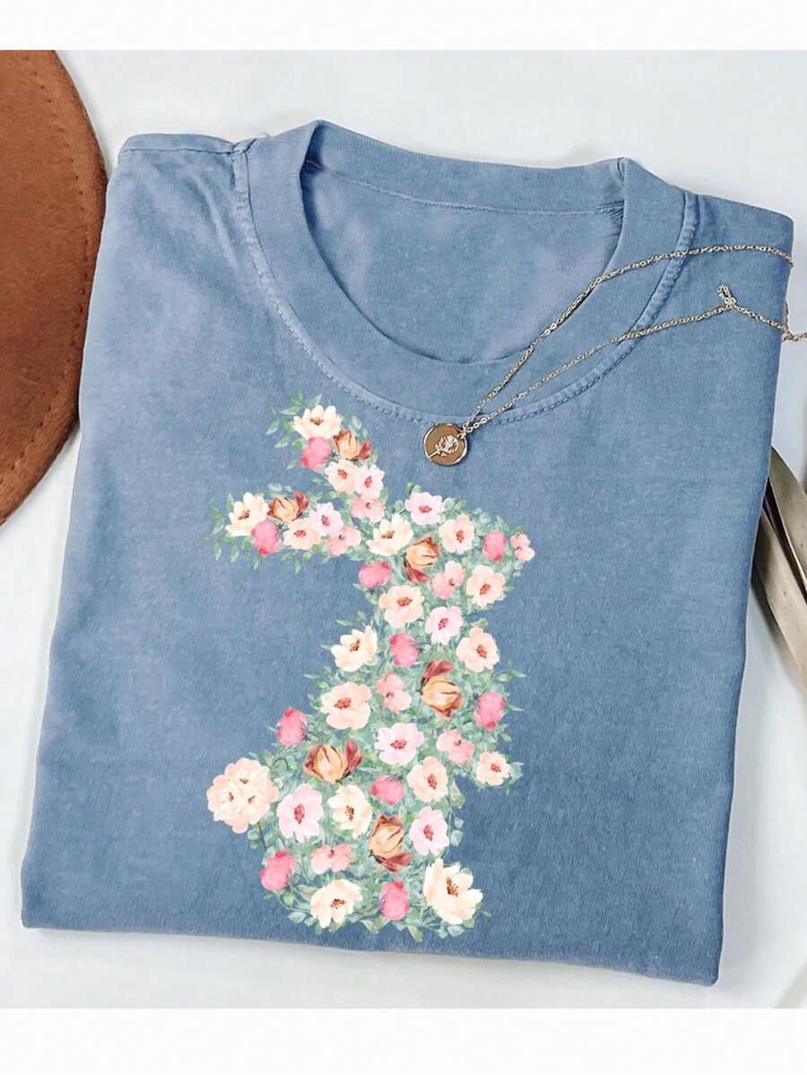 Spring Floral Easter Bunny Shirts, Easter Bunny Shirts, Bunny Hoodie Sweatshirts, Floral Bunny Blouses, Spring Easter T-Shirts, Cute Easter Bunny Women T-Shirts - Blue - View 1