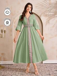 Seusyu 女士 V 领拼接缎带 3/4 袖休闲长裙 - 綠色 - 查看 4