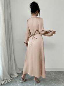 Elenzga Váy xòe dài tay cổ chữ V bằng vải satin bóng thanh lịch cho nữ, Xuân/Thu - Màu Khaki - Xem 2