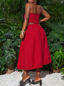 Slaydiva Nuevo conjunto de 2 piezas para mujer del verano 2025 versátil, casual, para vacaciones, crucero, playa, tomar el sol, calle, sin tirantes, fruncido, con lazo, bolsillos tipo cargo, abertura delantera, cordón, rojo, apto para festivales de música, Pascua, Día de San Patricio, estilo occidental, nómada, elegante, para ir al trabajo, graduación, estudiante, diario - Rojo - Ver 2