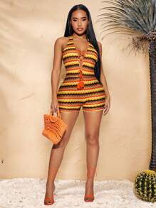 SHEIN SXY 春夏音乐摇滚节街头休闲西装 BOHO VACAY 女款彩色条纹 V 领挂脖吊带修身短款连体裤 - 彩色 - 查看 5