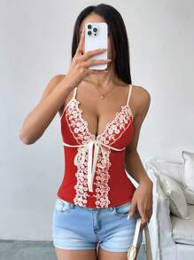 SHEIN Unity 女士蕾丝拼接前结时尚吊带背心 - 紅色 - 查看 3