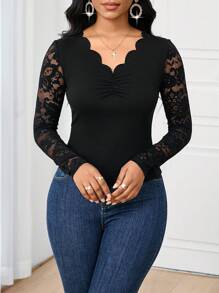 SHEIN Lady Camiseta de manga larga ajustada elegante y sólida con aplicación de encaje para el uso diario