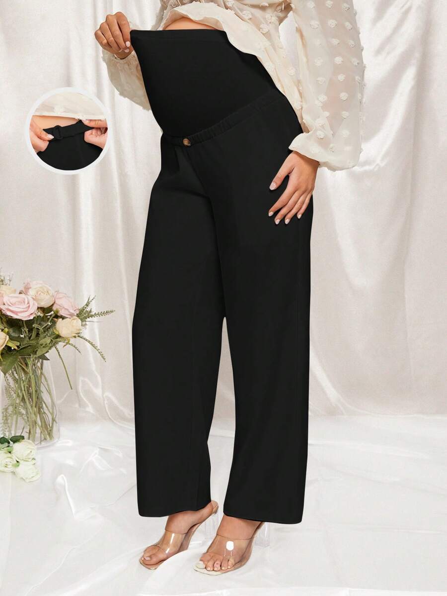 MaterniChic Adjustable Waist Maternity Pants, High Waisted Straight Leg Fit Pregnancy Trousers, Suitable For Baby Shower Party - Black - View 1