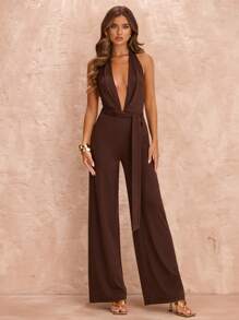 SHEIN BAE Summer Beach Vacation Tight Sexy Deep V Knot Holiday Jumpsuit, Suitable For Daily Dating, Night Out, Nightclubs, Parties, Get-Togethers, Cocktail Parties, Pool Parties, Back-To-School Season Clothing, School Season, Holiday Clothing, Music Festival Clothing, Country Music Festival Clothing, Concert Clothing