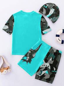 SHEIN Leap Crew 3 件套青少年男孩防晒衣、泳裤和泳帽、休闲图案 T 恤 - 藍色 - 查看 2