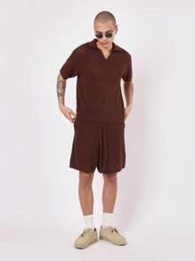 SUMWON Designer Openwork Knit Polo Co-Ord Set Short Sleeve Summer Lounge Wear Casual Knitwear Two-Piece Outfit Textured Beach Resort Wear - Coffee Brown - View 1