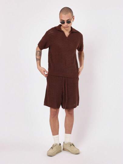 SUMWON Designer Openwork Knit Polo Co-Ord Set Short Sleeve Summer Lounge Wear Casual Knitwear Two-Piece Outfit Textured Beach Resort Wear