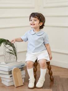 Souflis Souflis 2 件装幼儿男孩酷炫时尚短袖上衣和短裤套装，适合生日派对/典礼、夏季 - 藍色 - 查看 1