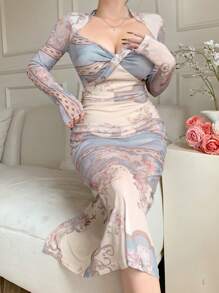 DAZY Váy midi xẻ lưới họa tiết hoa toàn thân dành cho nữ, thích hợp cho ngày lễ tình nhân, tiệc tùng, trở lại trường, váy dài tay mùa thu - Màu xanh lam - Xem 5