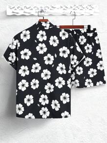 Manfinity RSRT Bộ 2 áo sơ mi tay ngắn in họa tiết hoa giản dị dành cho nam đi nghỉ mát và quần short - Đen và trắng - Xem 2