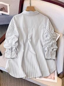 SHEIN LUNE Women Striped Print Button Front Drawstring Long Sleeve Plus Size Blouse Fall Cloth For Women - White - View 2