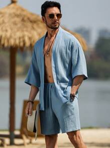 Manfinity RSRT Men's Solid Color Short Sleeve Loose Casual Kimono Shirts - Dusty Blue - View 9