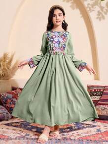 Tween Girls Geometric Print Long Sleeve Dress - Mint Green - View 4