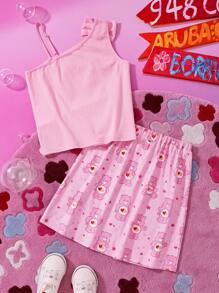 SHEIN X Care Bears Tween Girl Cute Pink Heart Bear Print Cami Top And A-Line Skirt 2 Pieces Set - Pink - View 2