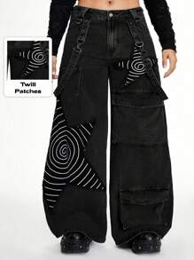 ROMWE Grunge Punk Quần ống rộng rộng rãi có miếng vá sao giặt Punk Distressed cho nữ cỡ lớn - màu đen - Xem 2