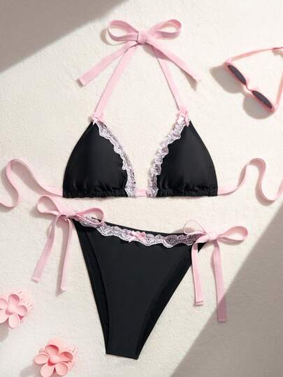 Swim Mod Plus Size Women 2pcs Multicolor Spaghetti Strap Lace Trim Bikini Swimwear Set Top & Bottom , Summer Beach Vacation