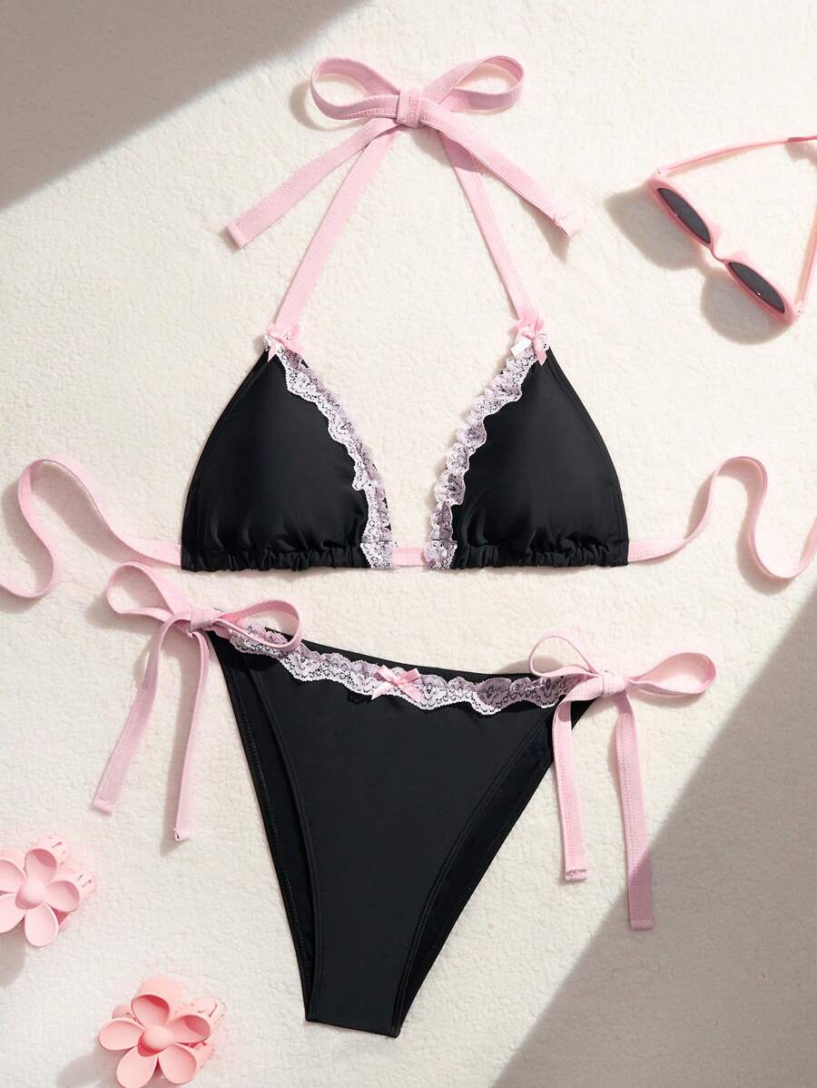 Swim Mod Plus Size Women 2pcs Multicolor Spaghetti Strap Lace Trim Bikini Swimwear Set Top & Bottom , Summer Beach Vacation - Multicolor - View 1