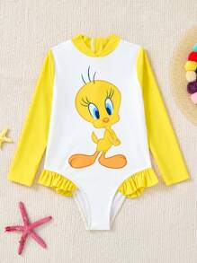 LOONEY TUNES X SHEIN Young Girl Contrast Color Cartoon Print Long Sleeve One-Piece Swimsuit - Yellow - View 1