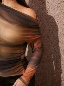 SHEIN SXY 大码女式斜领长袖透视休闲上衣外出上衣 - 彩色 - 查看 5