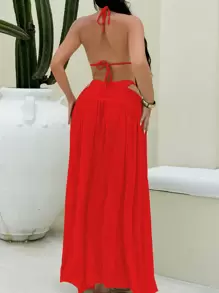 Swim SXY 3 件套金属面料纯色三角吊带性感优雅比基尼套装，配有不对称金属环和长网眼沙滩裙，适合度假