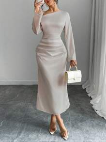 Rafferiza Vestido de mujer de unicolor con pliegues asimétricos en la cintura, de tela de tafetán, vestido largo para mujer