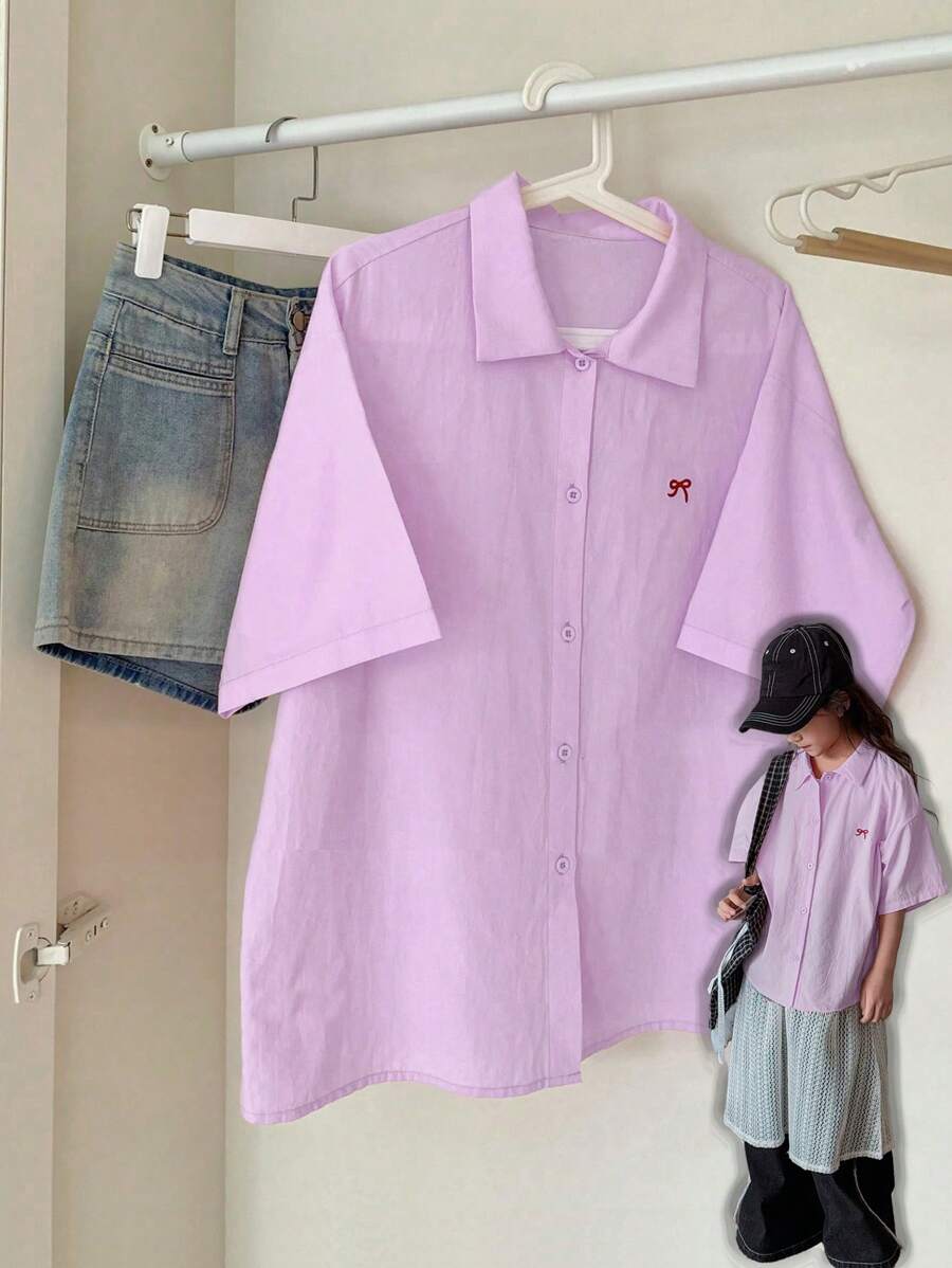 Dazy Kids Tween Girl Short Sleeve Collared Shirt With Embroidered Bow, Spring/Summer,Back To School Clothes - Purple - View 1