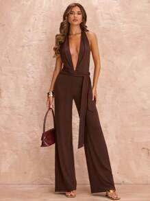 SHEIN BAE Summer Beach Vacation Tight Sexy Deep V Knot Holiday Jumpsuit, Suitable For Daily Dating, Night Out, Nightclubs, Parties, Get-Togethers, Cocktail Parties, Pool Parties, Back-To-School Season Clothing, School Season, Holiday Clothing, Music Festival Clothing, Country Music Festival Clothing, Concert Clothing