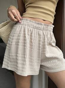 Sunnyshic Khaki Textured Fabric Frill Waist Elastic Waist Loose Casual Vacation Style Shorts, Versatile For Spring/Summer