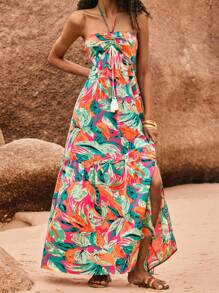 Poéselle Robe longue d'été pour femmes avec imprimé tropical, col montant, décoration à franges et dos nu. Robe d'été, robe dos nu, robe de vacances, tenues de vacances pour femmes, tenues d'été pour femmes - Multicolore - Voir 4