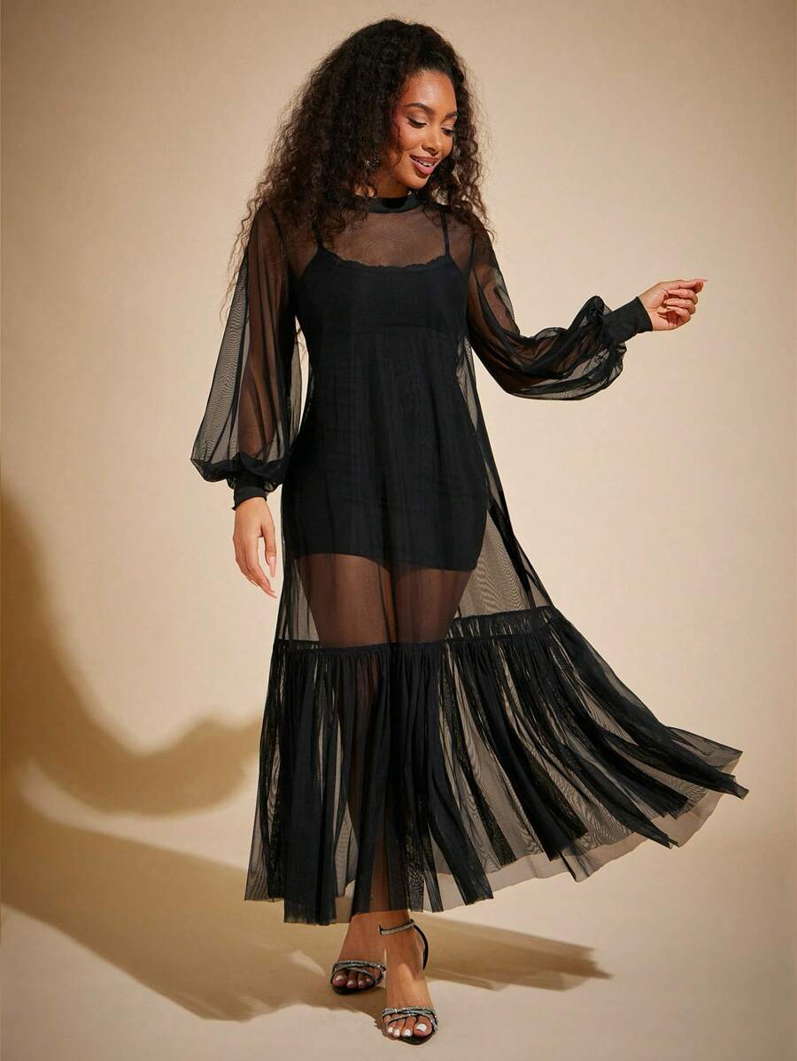 Vixey Tulle Ruffle Hem Sheer Mesh Balloon Sleeve Tunic Top, Boho, Brunch Outfits For Women, Vacation Outfit, Spring Outfit, Summer Outfit, Summer Dresses