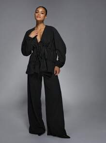 MISSGUIDED Designer Pinstripe Coordinated Set Long Sleeve Ruched Front Blouse Wide Leg Pants Business Office Professional Fall Winter Workwear Suit