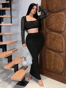 SHEIN SXY 女士时尚性感水钻网眼拼接短款上衣 - 黑色 - 查看 5