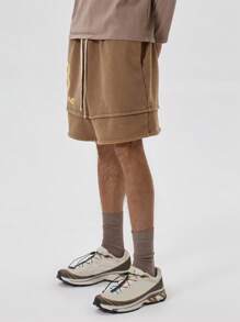 Musero Washed Graphic Slogan Print Seam Detail Shorts - Khaki - View 3