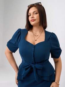 SHEIN Clasi Curvy Plus Size Women Business Commuter Elegant Navy Solid Color Sweetheart Neck Tie Puff Sleeves Ruffle Hem Slim Fit Top And Stretch Bodycon Hip Skirt 2 Pieces Set, Skirt And Top Set, Casual, Summer Outfits For Women Old Money Style Women, Going Out Outfits, European Summer, 2 Pieces Sets Ladies, Sets For Women, Matching Sets Women, Summer Sets, Two Pieces Summer Set, Outfit Sets, Co Ord Set, Vacation Two Pieces Set - Teal Blue - View 5