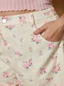 SHEIN MOD Pantalones cortos con estampado floral rosa, de talle medio, versátiles, para tallas grandes