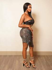 BamGleam Minifalda ceñida y sexy de mujer con unicolor, calado y adornos de rhinestone