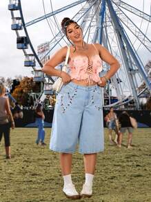 SHEIN ICON Pantaloni 3/4 da vacanza con ricamo, abbigliamento da rave, festival, taglia comoda
