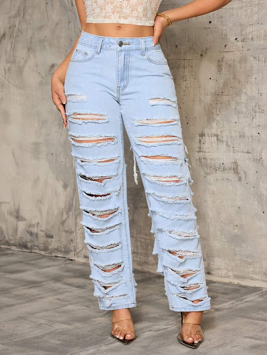 SHEIN SXY Fashionable Casual Stylish Distressed Straight Leg Jeans For Women
