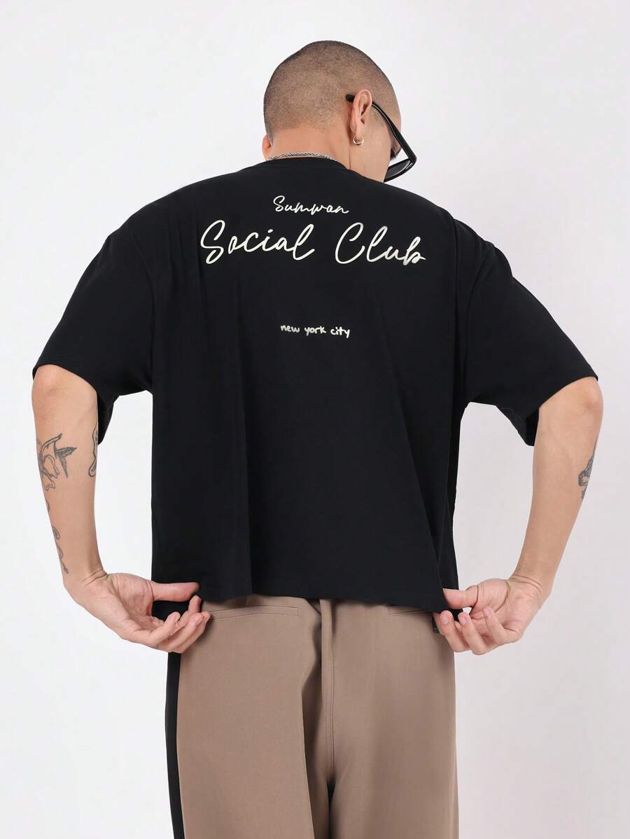 SUMWON Urban Streetwear Boxy Fit Graphics Tee Social Club Nyc Summer Collection Cotton Blend Casual Short Sleeve Crew Neck Oversized T-Shirt Streetstyle Fashion
