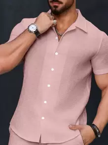 Manfinity Homme Camisa casual de manga corta con botones y textura para hombre para verano