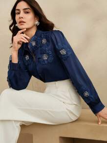 Anewsta Elegant 3D Floral Decoration Long Sleeve Shirt, Spring Autumn New Arrival - Navy Blue - View 6