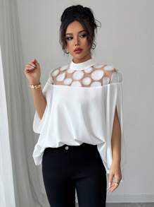 Elenzga Blouse femme mode décontracté à encolure montante, maille et motif splice, avec fente aux manches. Convient pour le printemps, l'été et l'automne