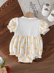 Baby Girl Simple Pink Butterfly Pattern Puff Sleeve Pleated Ruffle Hem Daily Wear - Yellow - View 2