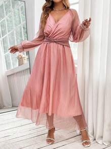 Flirla Đầm dài chữ A tay bồng xòe xếp nếp cổ chữ V cỡ lớn - Hồng - Xem 3