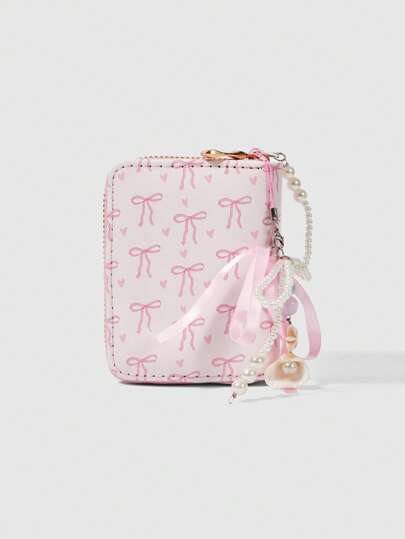 Kawaii Pink Bow Whale Pendant Short Wallet, Creative Multifunctional Card Slots Purse