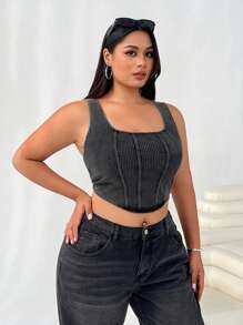 SHEIN EZwear Plus Size Black Cropped Wide Strap Tank Top, Suitable For Everyday Wear - Multicolor - View 5